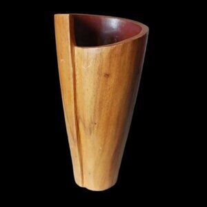 VTG wood vase asymetrical cylinder shape vase